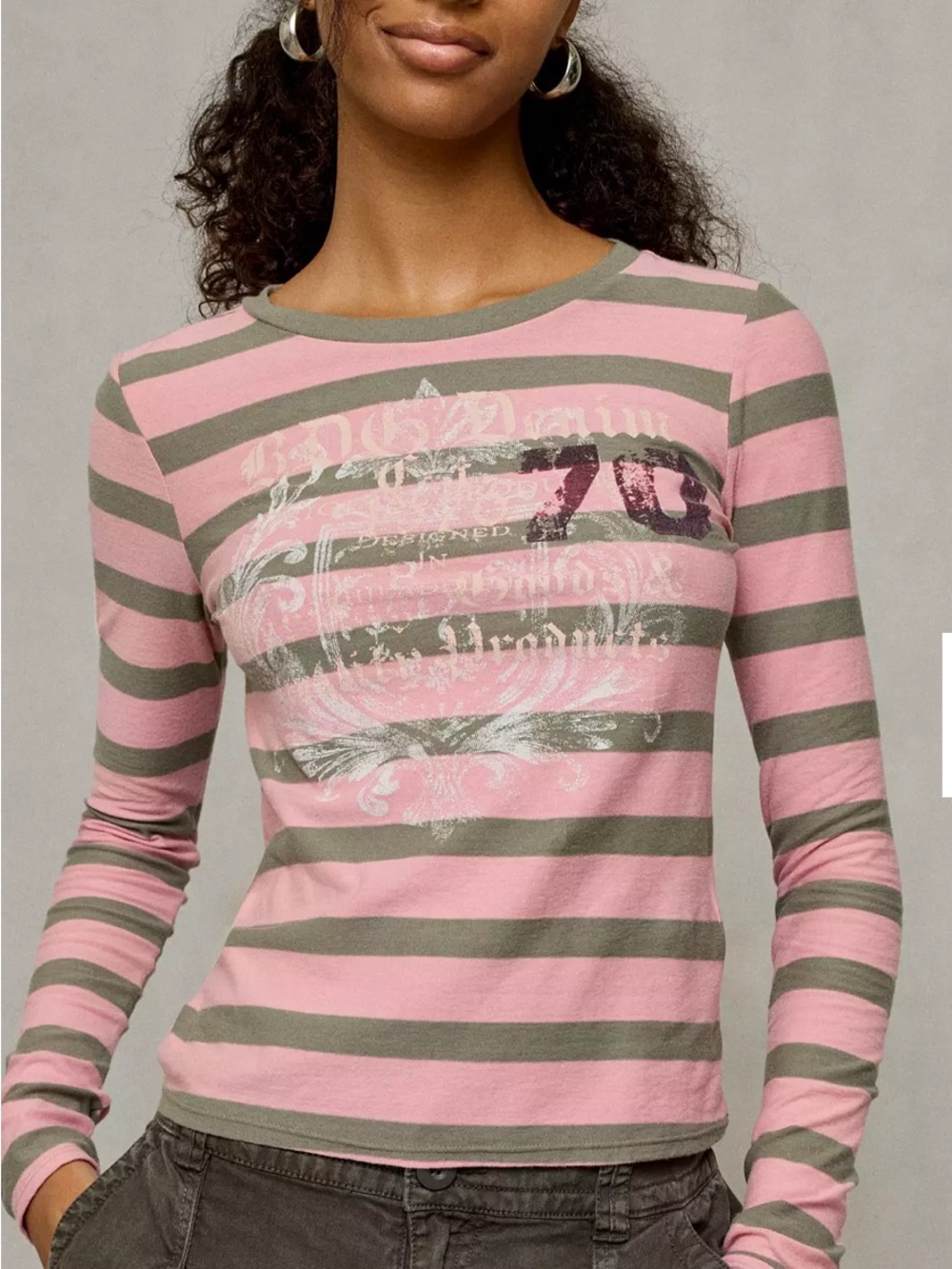NWT Size L Striped Long-Sleeve Crewneck Top in Pink and Olive